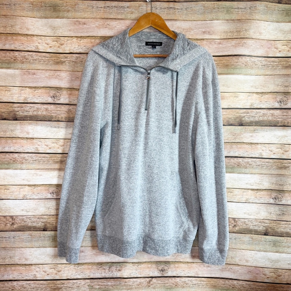 Banana Republic Men's Gray Brushed Waffle Pullover 1/4 Zip Hooded Sweater Sz XL